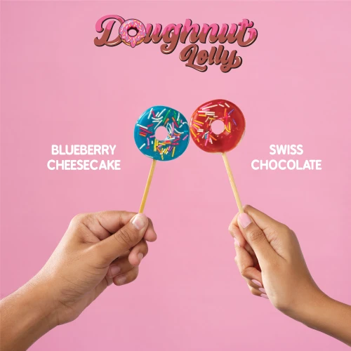 ZUBI THE FUN CANDY Doughnut Lolly Blueberry Cheesecake and Swiss Chocolate
